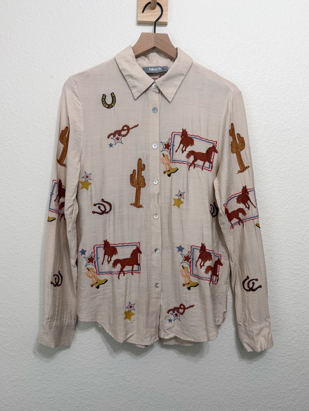 blue b Embroidered Western Print Long Sleeve Button Blouse Medium